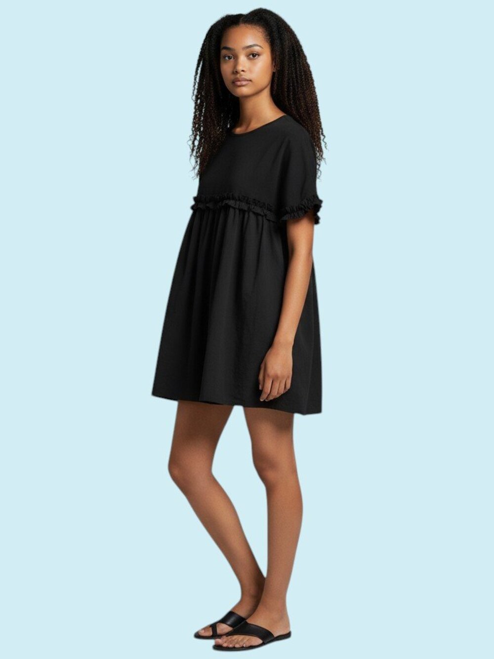 Zara TRF Baby doll Mini Dress Size Medium Black Ruffle Short Sleeve Boho-Chic